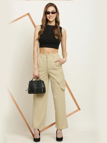 Image of Fashion Women's Casual Cargo Pants Flared High Waist Relaxed Fit Stretchable Parallel Trousers