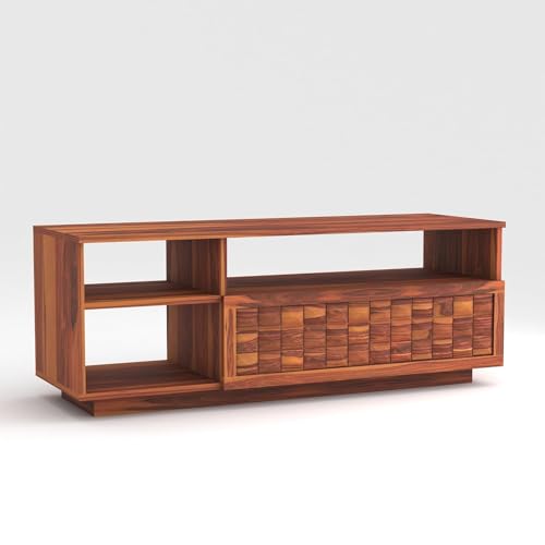 Image of Solid Sheesham Wood TV Unit for Living Room 55 Inch Furniture - Wooden TV Unit with Storage Cabinet with Drawer, 3 Shelves Wooden TV Cabinet - Accommodates up to 55-Inch TV (Thomas, Honey)