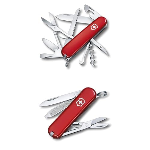 Image of Bundle of Victorinox Huntsman Swiss Army Knife, 15 Functions, Swiss Made Pocket Knife with Large Blade, Screwdriver, Scissors and Wood Saw - Red + Classic SD Swiss Army Knife, 7 Functions - (Red)