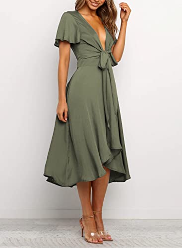 Image of miduo Womens Satin V Neck Ruffle Short Sleeve Tie Front High Waist Midi A-Line Maxi Dresses
