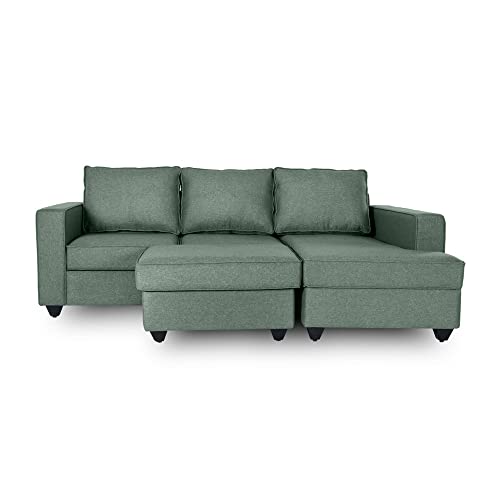 Image of Wakefit Sofa Set for Living Room | 3 Year Warranty | L Shape Sofa, Sofa Set, Wooden Sofa Set for Living Room, 2 Seater Sofa + Right Aligned Chaise + Ottoman - Napper (Fabric, Omega Green)