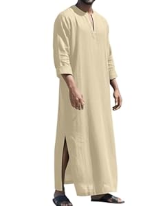 LVCBL Kaftan Herren Schlafanzug Leinen Thobe Lang Herren Tunika Khaki L