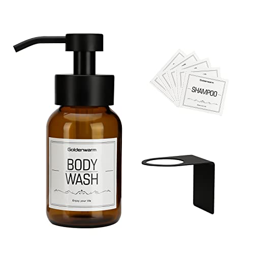 goldenwarm 250ml Seifenspender Wandbefestigung Ohne Bohren Glas Edelstahl Pumpkopf Seifenspender Braunglas Spülmittelspender für Küche、Wc、Bad Seifenspender für Duschgel、 Waschmittel、Shampoo ( 1 Stück) Cover