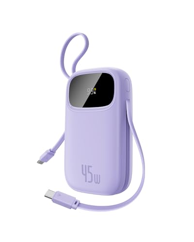 Baseus Powerbank 45W 20000mAh con 2 Cavi USB-C Integrati, Ricarica Rapida Power Bank PD3,0 QC4,0, 3 USB-C, 1 A, Caricatore Portatile per iPhone 16/15/14 Pro Max, iPad, Samsung, Viola