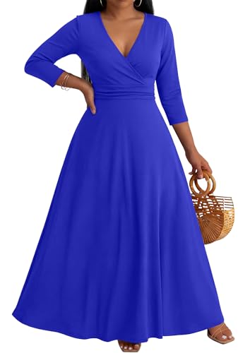 Image of CLOCOR Maxi Dress for Women Long Summer Short Sleeve Evening Formal V Neck A Line Dresses Wedding Guest Empire Waist Elegant