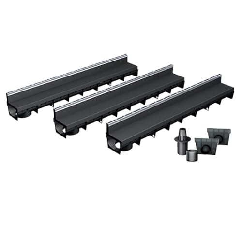MEA Pack de 3 Caniveaux Extérieurs MEAPARK – Grille à Fente en PP Recyclé + Profil E-Blade S en INOX – Drainage Terrasse, Piscine, Jardin – Classe A15...