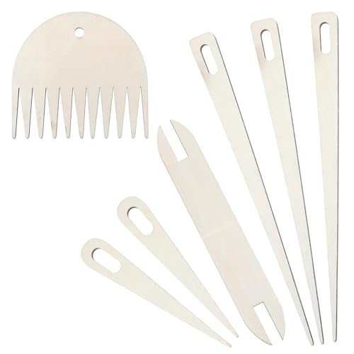 7 Pcs Wood Hand Loom Stick Set Hand Weaving Kit with 5 Pcs Wooden Weaving Needles 1 Piece Wooden Shuttle, 1 Piece Wood Weavings Comb for Knitted DIY Crafts Supplies