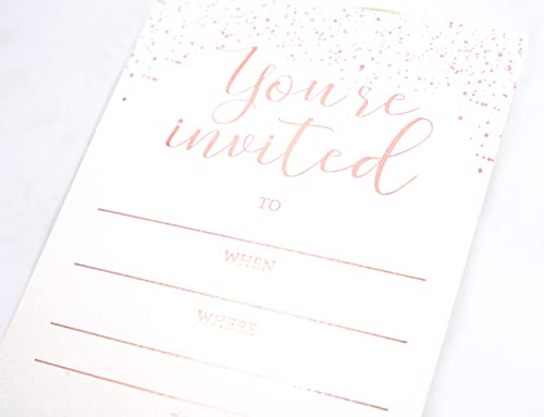 Invitation Cards - 24-Count 4" X 6" White Invitation Cards ‘’You Are Invited’’ In Rose Gold Foil Lettering With 26 Foil Kraft Envelopes – For Wedding, Bridal Shower, Baby Shower, Birthday Invitations #TOP3
