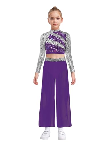 Costume de gymnastique fille violet 9-10 ans avec crop top manches longues