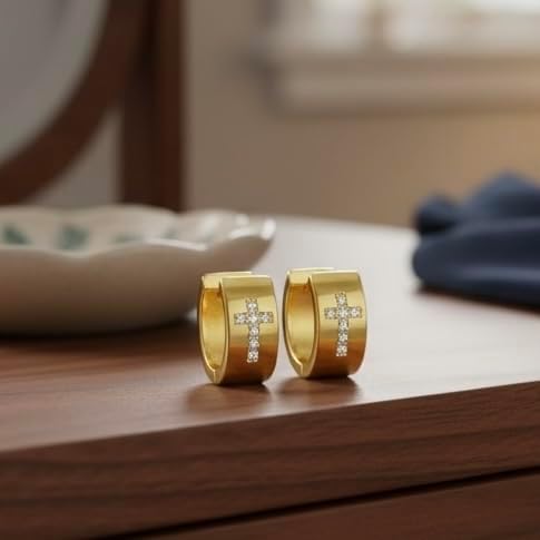 CZ Cross Yellow Gold Huggie Hoop Earrings, 18K Gold Plated Small Hinged Earrings with Cubic Zirconia, Religious Fashion Jewelry for Women - Image 5