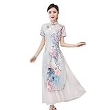 Summer Chinese Cheongsam Young Girl Vintage Floral Printed Long Dress Elegant Mandarin Collar Female Qipao Dress Blue