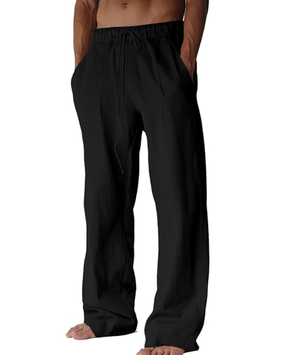 BUXKR Mens Linen Pants Beach Casual Cotton Summer Lightweight Elastic Waist Drawstring with Deep Pockets Black