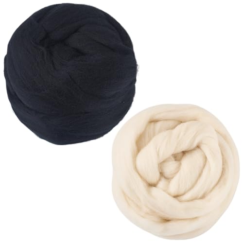Image of 100G Black White Wool Roving for Needle Felting, Soft Chunky Wool Yarn, Spinning Wool Roving for Beginners DIY Handmade Crafts Animal Weaving Blending Needle Felting Supplies