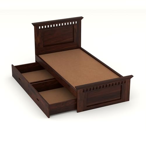 Image of Solid Sheesham Wood Single Size Bed with 2 Drawer Storage Wooden Single Cot Bed for Home Living Room Bedroom Guest Room Hotel (Walnut, Size 6 * 3)
