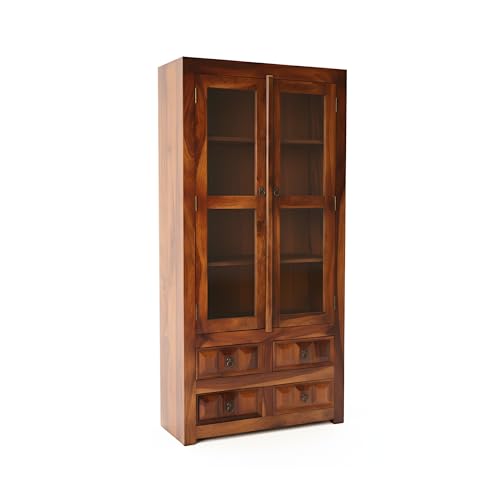 Image of SONA Art & Crafts Wooden Crockery Cabinet with Glass Door | Wooden Book Shelf for Home Library | Bookshelf Crockery Unit for Home & Kitchen Living Room (Natural Brown)