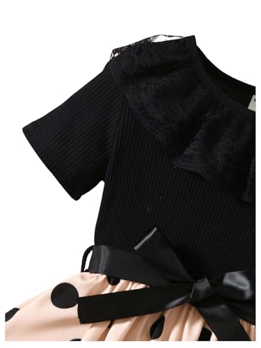 SweatyRocks Girl's Polka Dots Lace Ruffle Trim Belted Dress A Line Crewneck Short Sleeve Flared Dresses4