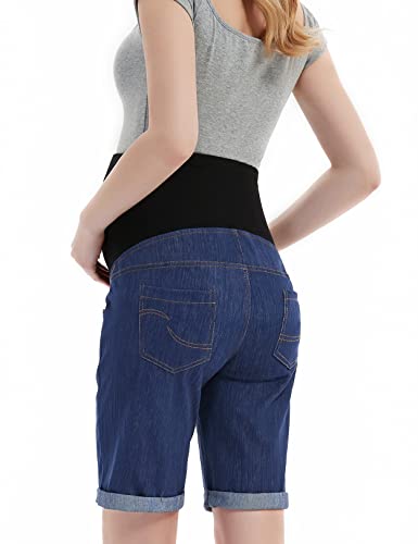 Bhome Maternity Bermuda Denim Jean Shorts Over The Belly Full Panel Casual Pregnancy Short Pants Dark Blue L #TOP1
