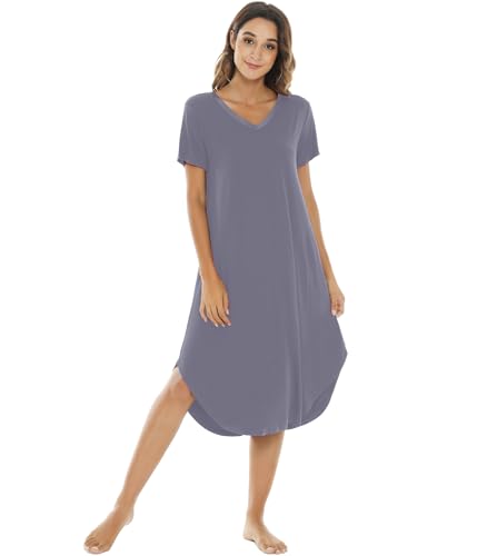 Image of NACHILA Nightgowns for Women-Viscose Made from Bamboo, V Neck Sleepshirts Short Sleeve Sleepwear Cool Nightshirt