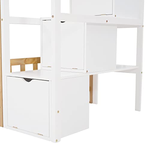 SOFTSEA Twin Size House Bunk Bed for Kids, Floor Bunk Bed with Round Windows, Wood Bunk Bed with Storage Staircase and Guardrails, Twin Over Twin House Shaped Bunk Bed for Kids, Natural and White