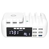 Relojes Digitales de Escritorio, Cargadores Inalámbricos de Carga Rápida, Estación de Carga de Teléfono Multifunción con 5 Puertos, Despertador de Cabecera 3 en 1 Y Soporte para Teléfono(EU)