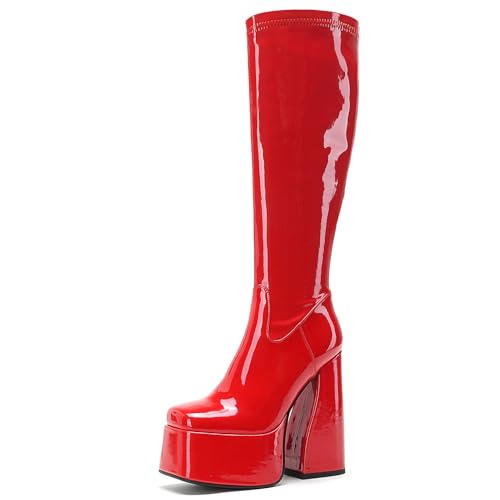 Image of LanreyTaley Elastic Women Knee High Boots Platform Chunky Heel Tall Boots Suede Dress Boots Side Zipper Stretch Boots Fall