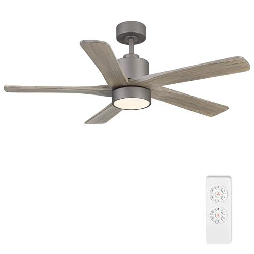 Image of WINGBO 48 Inch DC Ceiling Fan with Lights and Remote Control, 5 Carved Solid Wood Blades, 6-Speed Noiseless Reversible DC Motor, Indoor Ceiling Fan in Graphite Finish with Gray Blades