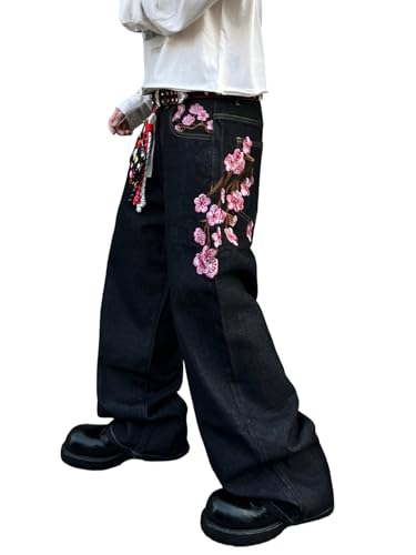 DFGIGT Mens Baggy Jeans Embroidered Wide Leg Jeans Hip Hop Denim Pants Relaxed Skater Loose Fit Trousers Streetwear Y2k 2000s Jinco Extra Oversized Extreme,A15 Snow Grey,Small