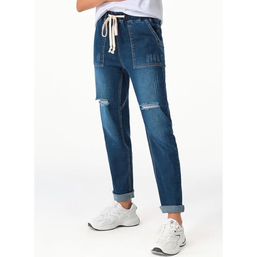 Ripped Pull On Jeans for Women Elastic Waist Cuffed Distressed Mid Rise Straight Leg Jeans Drawstring Denim Pants2