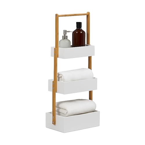 BRINDEK Estantería organizadora de bambú con 3 cestos Blancos | Estantería Estrecha Auxiliar para baño y Cocina | Mueble Organizador Madera barnizada Resistente a Humedad | Montaje fácil y rápido