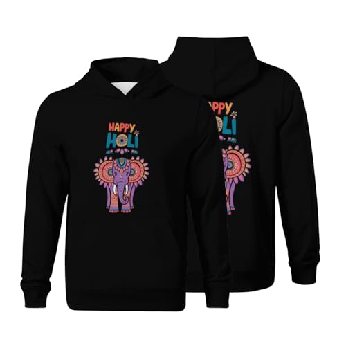 Kids Vintage Happy Holi Colors Festival Spring Elephant Boys Girls Lightweight Kangaroo Pocket Fleece Hoodies