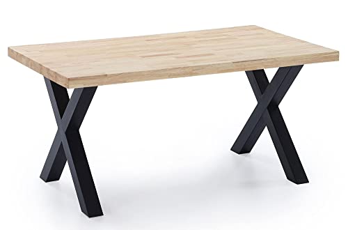 Skraut Home - Table à Manger Fixe, Salon, modèle X-LOFT, Plateau Bois Massif en chêne Sauvage, Front de 54 mm d'épais, Pieds métalliques, 160x90x76cm.