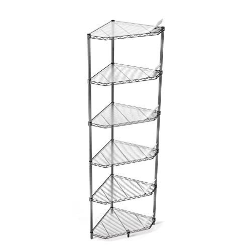 6 Tier NSF Metal Shelf Pentagonal Corner Wire Shelving Unit 600lbs Capacity Heavy Duty Adjustable Storage Rack with Shelf Liners for Kitchen Garage Office Etc Room Corner 72H x 20L x 20D - Black