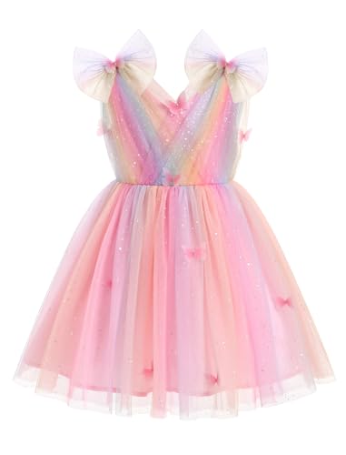 IMEKIS Toddler Tea Party Dress: Baby Butterfly Dress Flower Girl Wedding Guest Fairy 5th 6th Birthday Outfit Smash Cake Photoshoot Kids Graduation Formal Pageant Tulle Tutu Rainbow Pink 5-6 Years