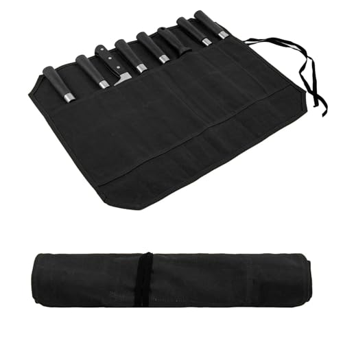 JDGFH Messertasche,Koch Messer Roll Bag,Messertasche Kochmesser mit 8 Fächern für Messer und Löffel,Wachs Leinwand MesserCase Lagerung,Geschenke...