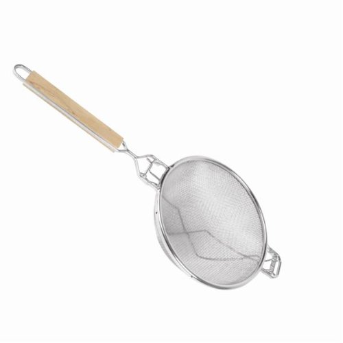Thunder Group SLSTN3312R Strainer, 11-3/4" Dia., Reinforced, Double fine mesh, pan Hooks, Round Wooden Handle, Nickel Plated Frame