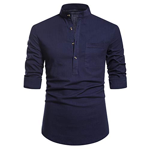 SIR7 Men's Long Sleeve Henley Neck Shirts Relaxed-Fit Casual Linen Shirt Navy S