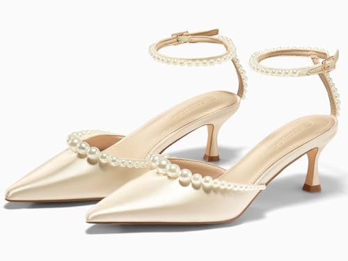 Image of Coutgo Womens Pearl Kitten Heels Closed Pointed Toe Wedding Bride Dress Shoes Ankle Strap Satin Pumps