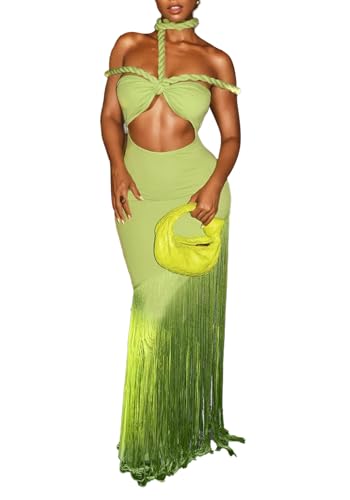 Image of Kwunbwa Women's Sexy Halter Backless Maxi Dress Cut Out Sleeveless Bodycon Long Fringes Club Party Cocktail Dresses