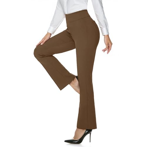 Womens Dress Work Pants with Pockets High Waist Bootcut Casual Business Slacks Tummy Control Yoga Pants Brown XX-Large