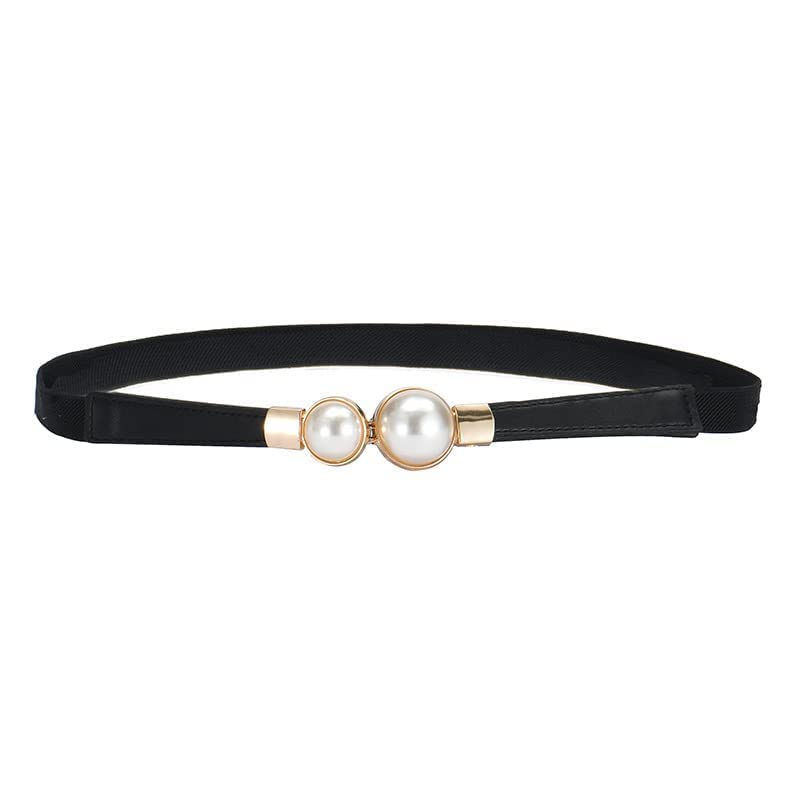Women Elastic Slim Stretchable Waist Belt with Pearl Buckle, Retro Adjustable Cinch Belt Waistband for Women Ladies Dresses (Free Size), Black, Free Size