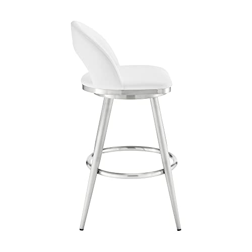 Armen Living Charlotte Swivel Counter Stool in Brushed Stainless Steel with White Faux Leather