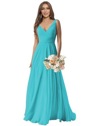 Image of Sukleet V Neck Bridesmaid Dresses Long for Wedding Pleated Chiffon A Line Formal Wedding Guest Dress