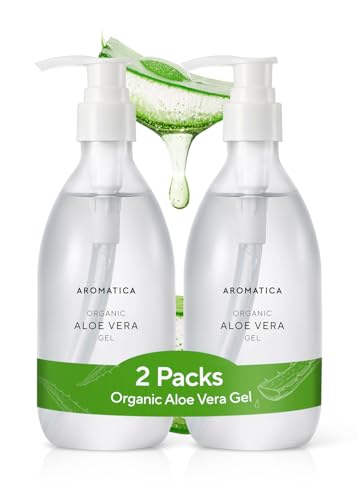 AROMATICA Organic Aloe Vera Gel (2 packs), After Sun Care and Sunburn Relief with Pure Aloe Vera Gel Face&Hair, Sun Burn Moisturizer EWG Verified (10.14oz/300ml)