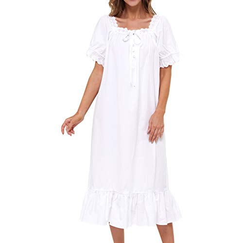 Image of Lu's Chic Women's Victorian Nightgown Cotton Sleepwear Long Loungewear Short Sleeve Vintage