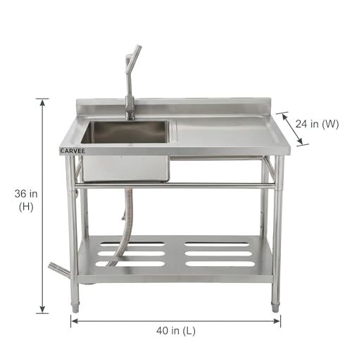 Image of Freestanding Stainless Steel Utility Sink with Hot & Cold Pull-Out Faucet, Large Capacity Laundry Sink with Storage Shelf & Drain Kit for Garage Kitchen Backyard Commercial Use