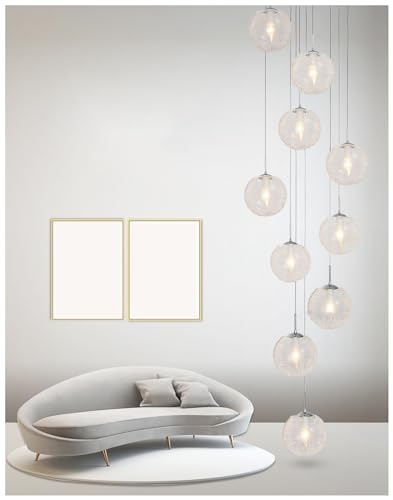 Luminaire de plafond haut avec boule de verre et 9 lumières pour salon