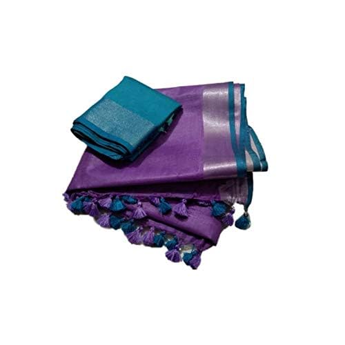 Image of STB-SILK TEXTILES BHAGALPUR Women's Linen Slub Saree With Contrast Blouse Piece