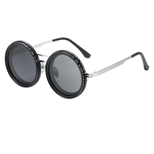 Image of Adjustable Tint Rotating Polarized Round Sunglasses for Men Stylish, Anti Glare Lenses 1-11 Gear UV400 Protection Metal Goggles for Driving Beach Retro Branded Sun Glasses