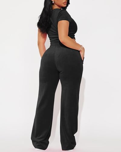 SMSN Women 2 Piece Outfits Velvet Sweatsuit Set Casual Short Sleeve Pullover Tops and Wide Leg Sweatpant Tracksuit Sets4