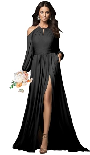 HYY Halter Long Sleeve Bridesmaid Dresses with Slit Pockets Cold Shoulder Ruched Chiffon Formal Prom Dress Evening Gown3
